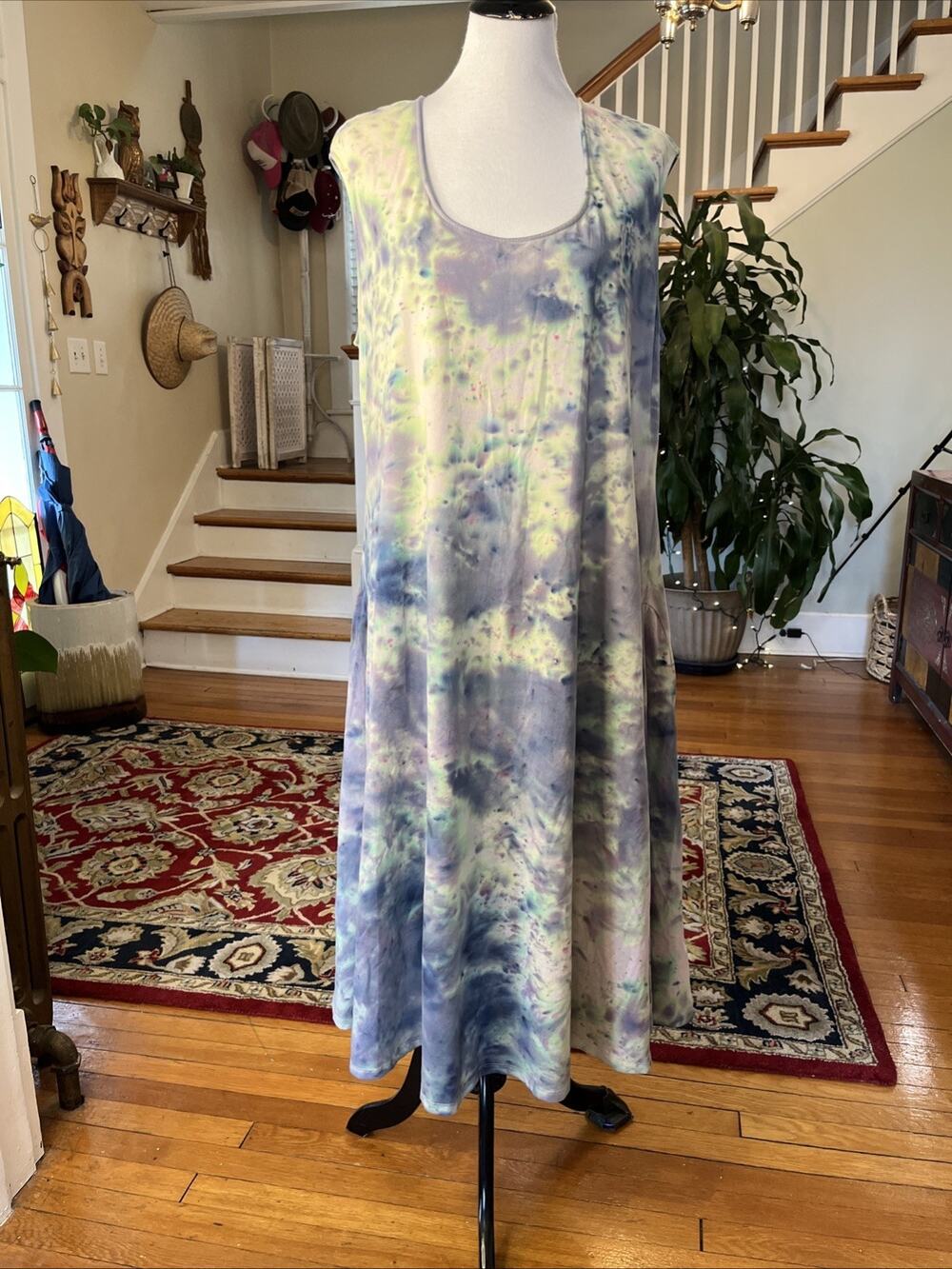 Old Navy 2X Jersey Knit Dress Tie Dye Midi Batik Festival Boho Sundress Hourglas